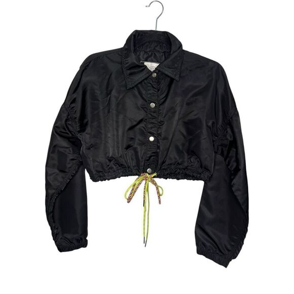 Urban Outfitters Women’s Small Crop Jacket Black Nylon Button Front Tie - Picture 1 of 6
